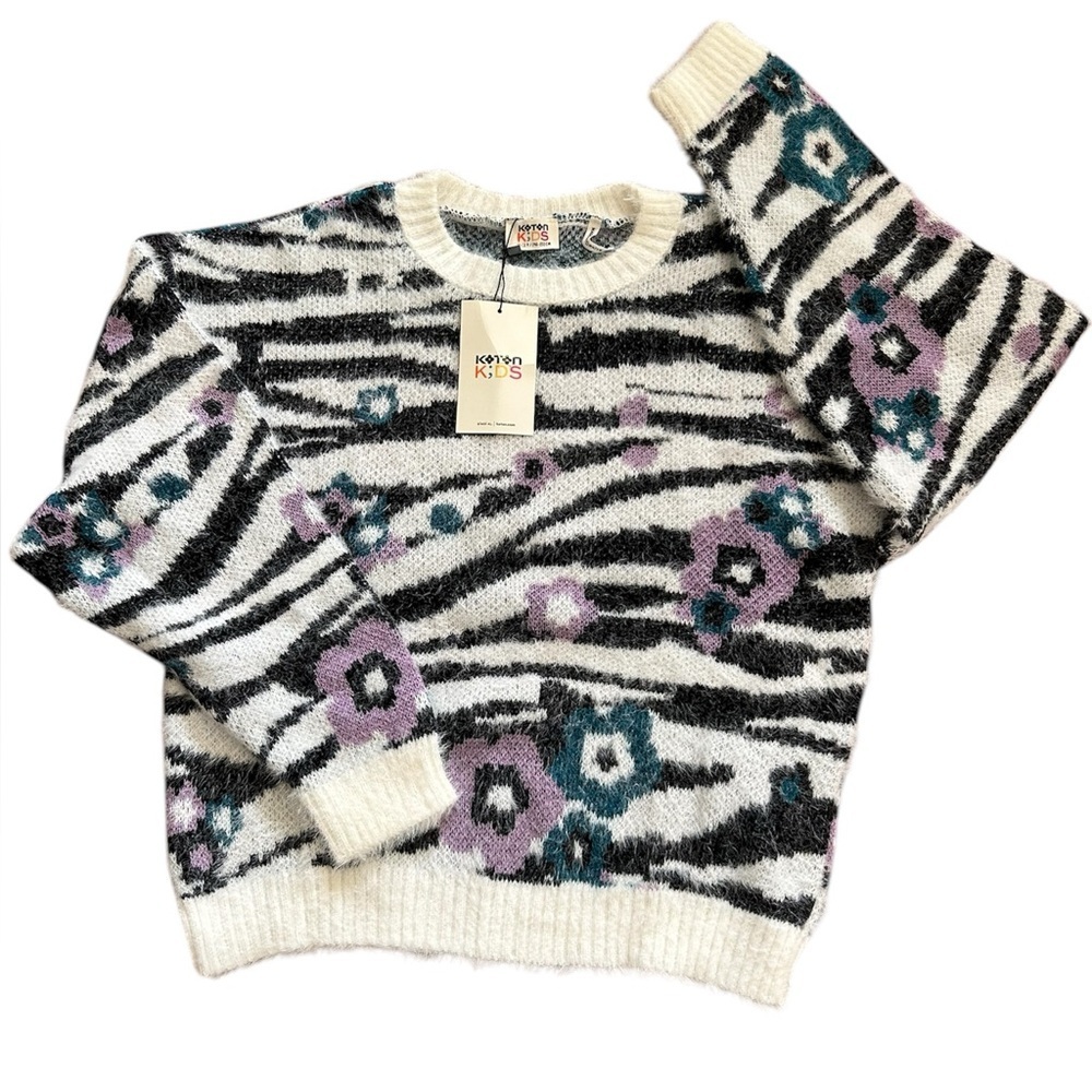 Koton Kids Zebra Floral Fuzzy Sweater Soft Eyelash Knit Girls Pullover 11-12